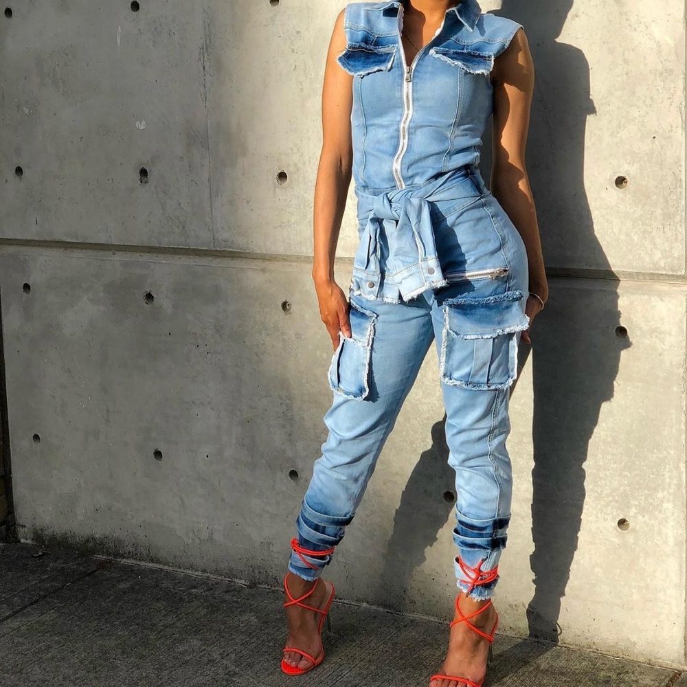 Highlight Women’s Stretch Denim Jean Jumpsuit Romper Style Sleeveless Size Small